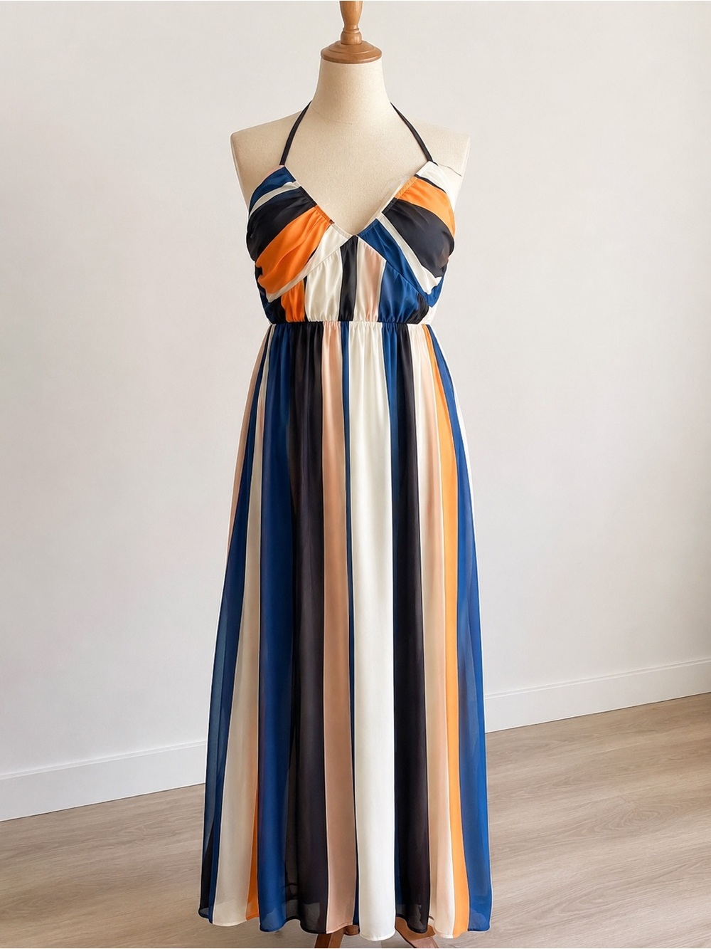 Fashion Nova Striped Halter Maxi Dress in Blue, Orange, Cream & Black